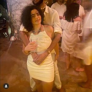 White draped linen zara body con dress